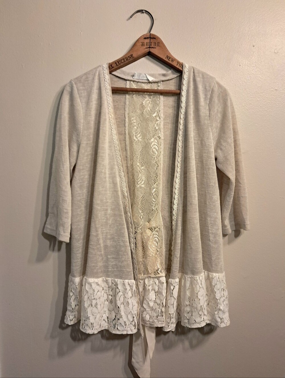 Peach Love California Cream Lace-Trim Open Cardigan